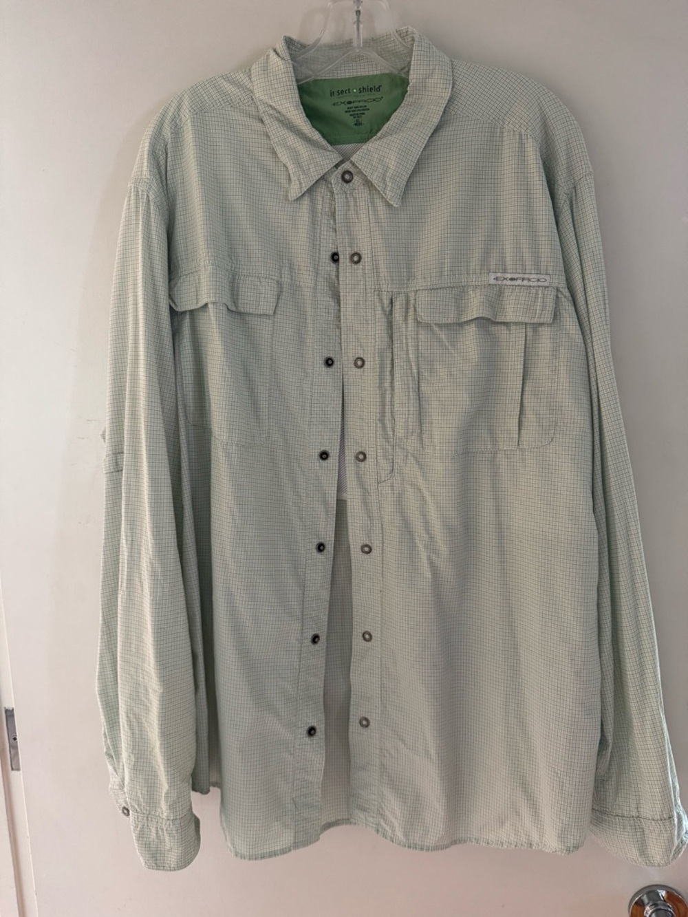 ExOfficio men’s light green check long sleeve fishing shirt.
